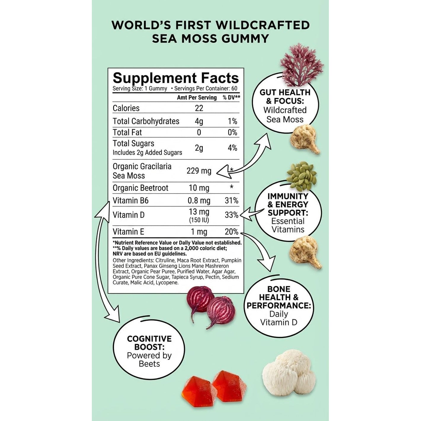 BDE Wildcrafted Sea Moss Gummy Maca Root, Beets, Lions Mane Mushroom, Vitamin D + E - Vegan Collagen, Zinc, Immunity & Detox, Gut Health - 60 Count