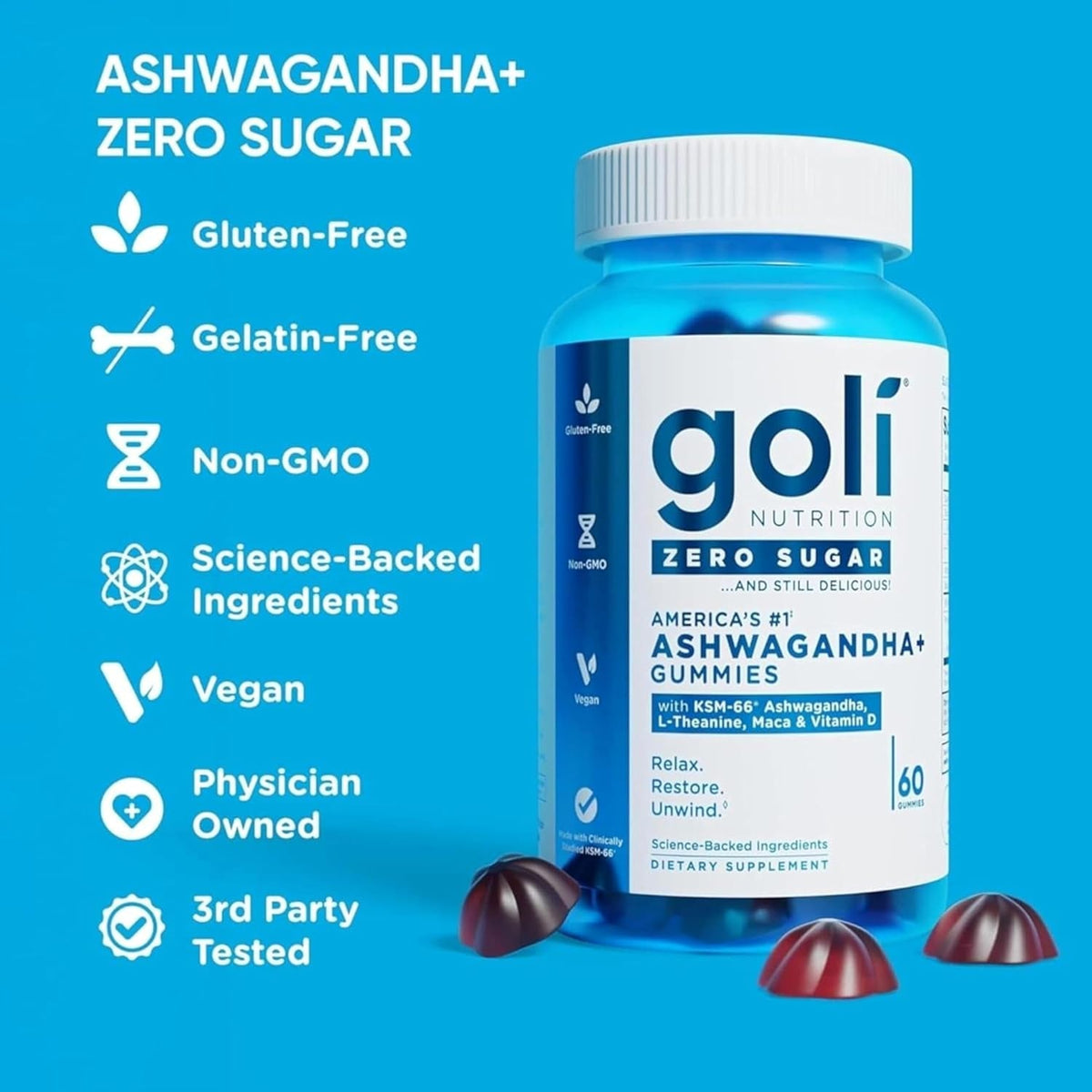 Goli Zero Sugar Ashwagandha Gummies with KSM-66, L-Theanine, Maca and Vitamin D - No Sugar Alcohols - Vegan, Keto-Friendly, Non-Gmo