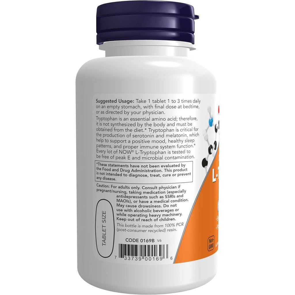 NOW Foods Supplements, L-Tryptophan 1,000 Mg, Double Strength, Encourages Positive Mood*, Supports Relaxation*, 60 Tablets