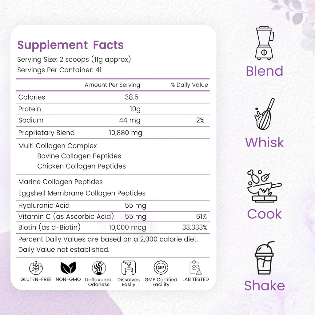 Multi Collagen Peptides Powder, 1 Pounds Collagen Powder- Type I,II,III,V,X with Biotin, Hyaluronic Acid Powder, Vitamin C - Unflavored Collagen Protein Powder - Keto & Paleo, Easy Dissolve