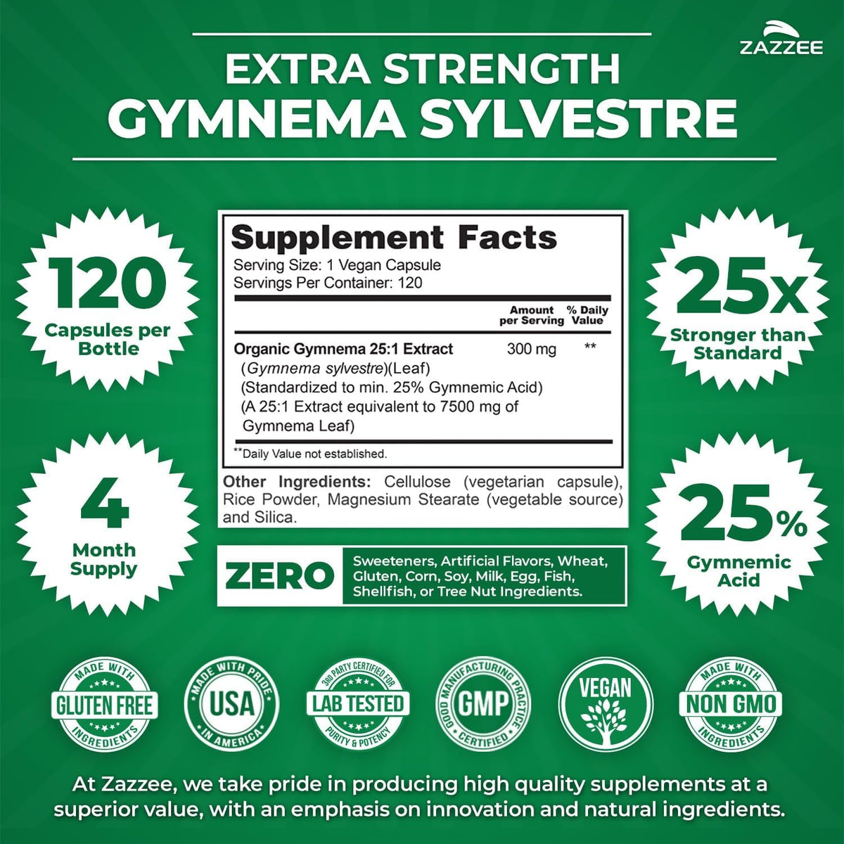 Zazzee USDA Organic Gymnema Sylvestre 25:1 Extract, 25% Gymnemic Acid, 120 Vegan Capsules, 4 Month Supply, All-Natural Botanical Support, Concentrated 25X Extract, Non-Gmo, Made in the USA