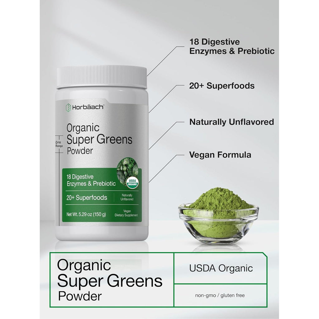 Horbäach Organic Greens Powder | 5.29 Oz Supplement | with 20+ Superfoods, 18 Digestive Enzymes, and Prebiotics | Relieves Occasional Gas, Discomfort & Bloating | Vegan, and Non-Gmo