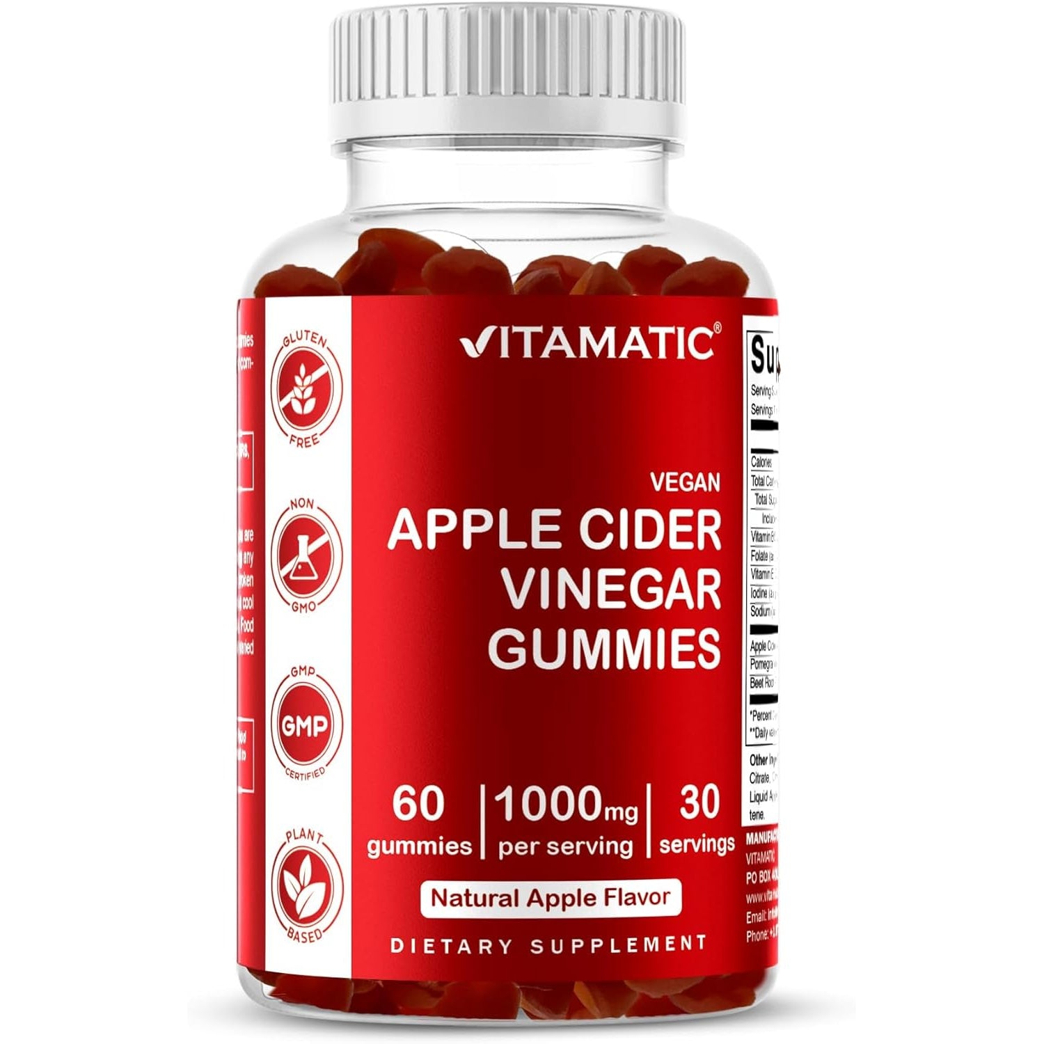 Vitamatic Apple Cider Vinegar Gummies - 1000Mg per Serving - 60 Vegan Gummies - ACV Gummies for Detox, Weight Loss Support, Energy Boost, Digestion & Gut Health