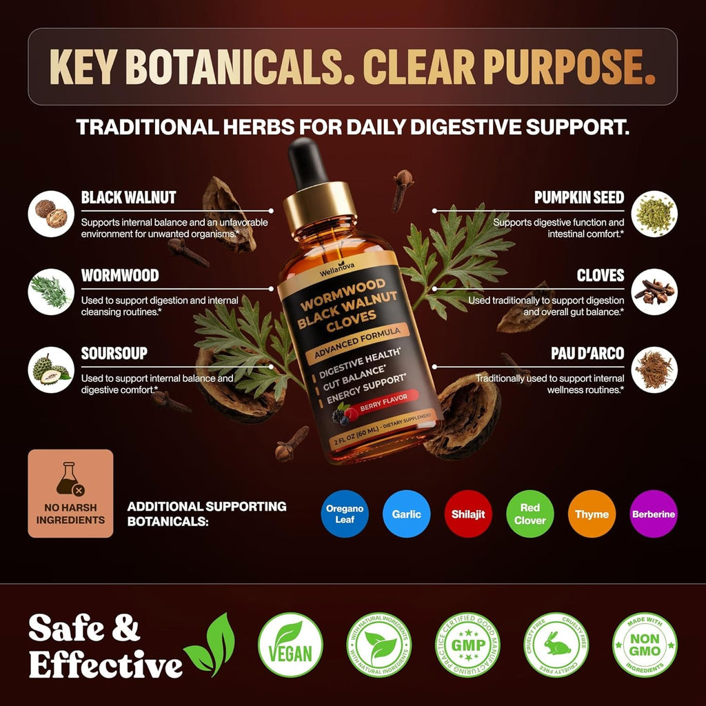 Wormwood Black Walnut Clove Cleanse for Humans - Advanced Detox for Adults - Gut Health Supplement with Wormwood Herb, Black Walnut Hull, Clove, Garlic, Pumpkin Seed, PAU D'Arco, Soursop