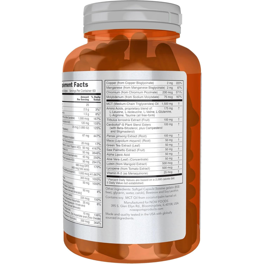 NOW Foods Sports Nutrition, Men'S Extreme Sports Multi with Free-Form Amino Acids, ZMA®, Tribulus, MCT Oil, and Herbal Extracts, 180 Softgels