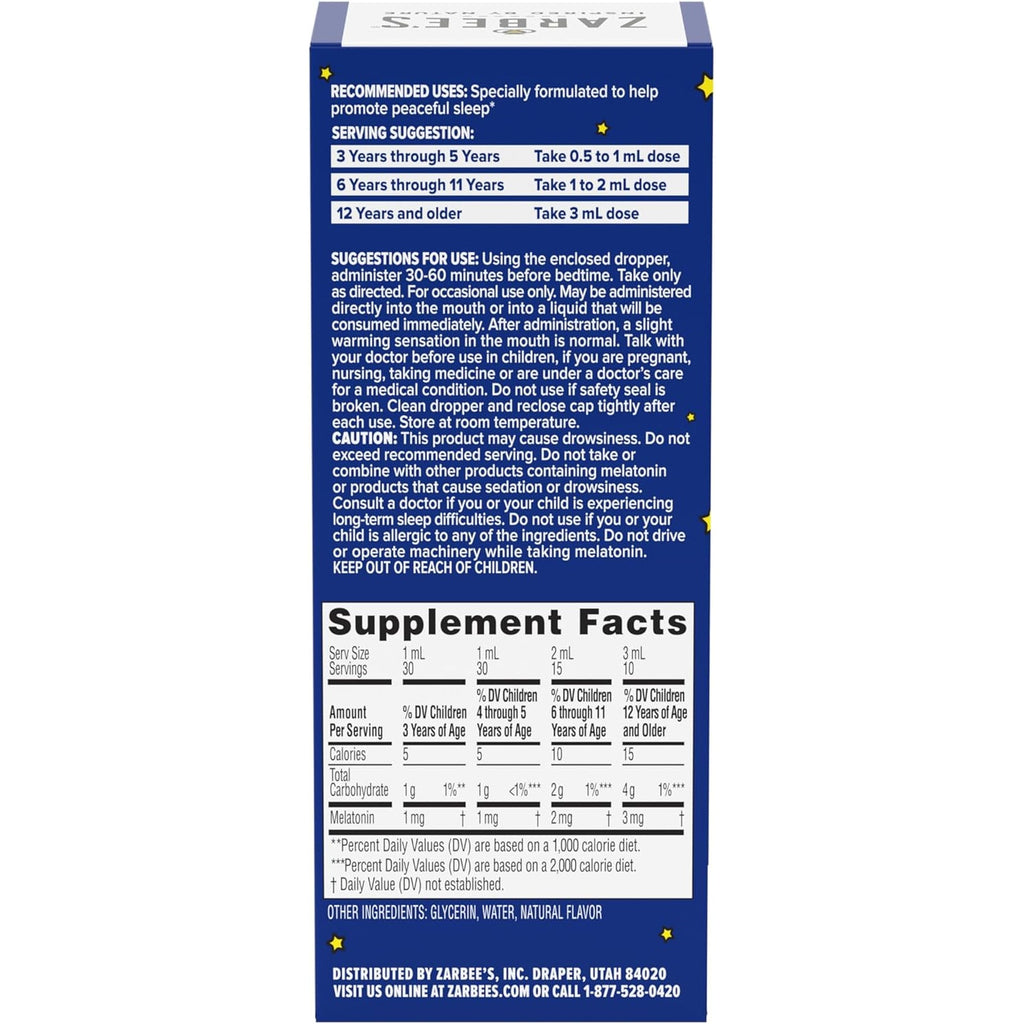 Zarbee'S Kids Melatonin Sleep Supplement Liquid, 1Mg Melatonin, Drug-Free & Effective, Easy to Take Natural Berry Flavor for Kids Ages 3 and Up, 1 Fl Oz Bottle