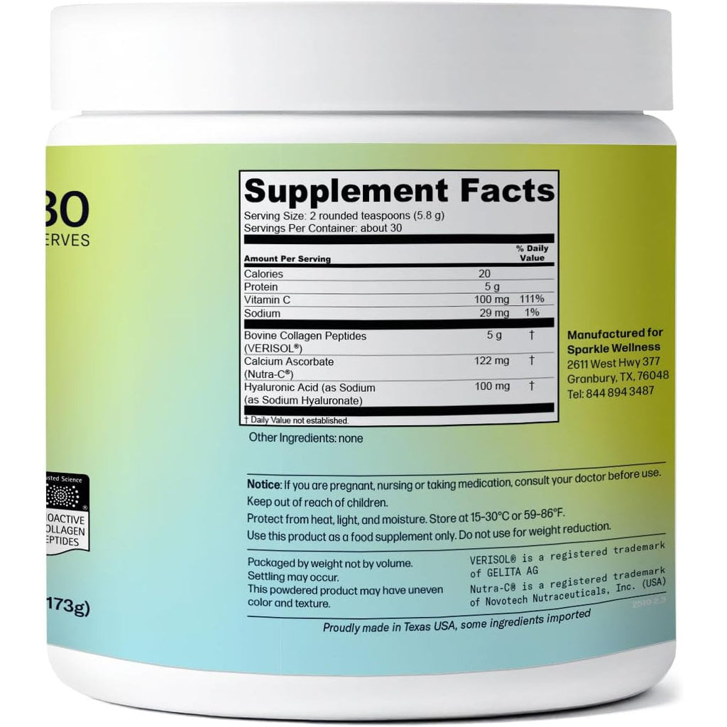 Sparkle Wellness VERISOL Bioactive Hydrolyzed Collagen Peptides | Collagen Powder Supplement with Vitamin C & Hyaluronic Acid for Hair, Skin, and Nail Health | Skin Boost plus (No Flavor) [30-Serves]
