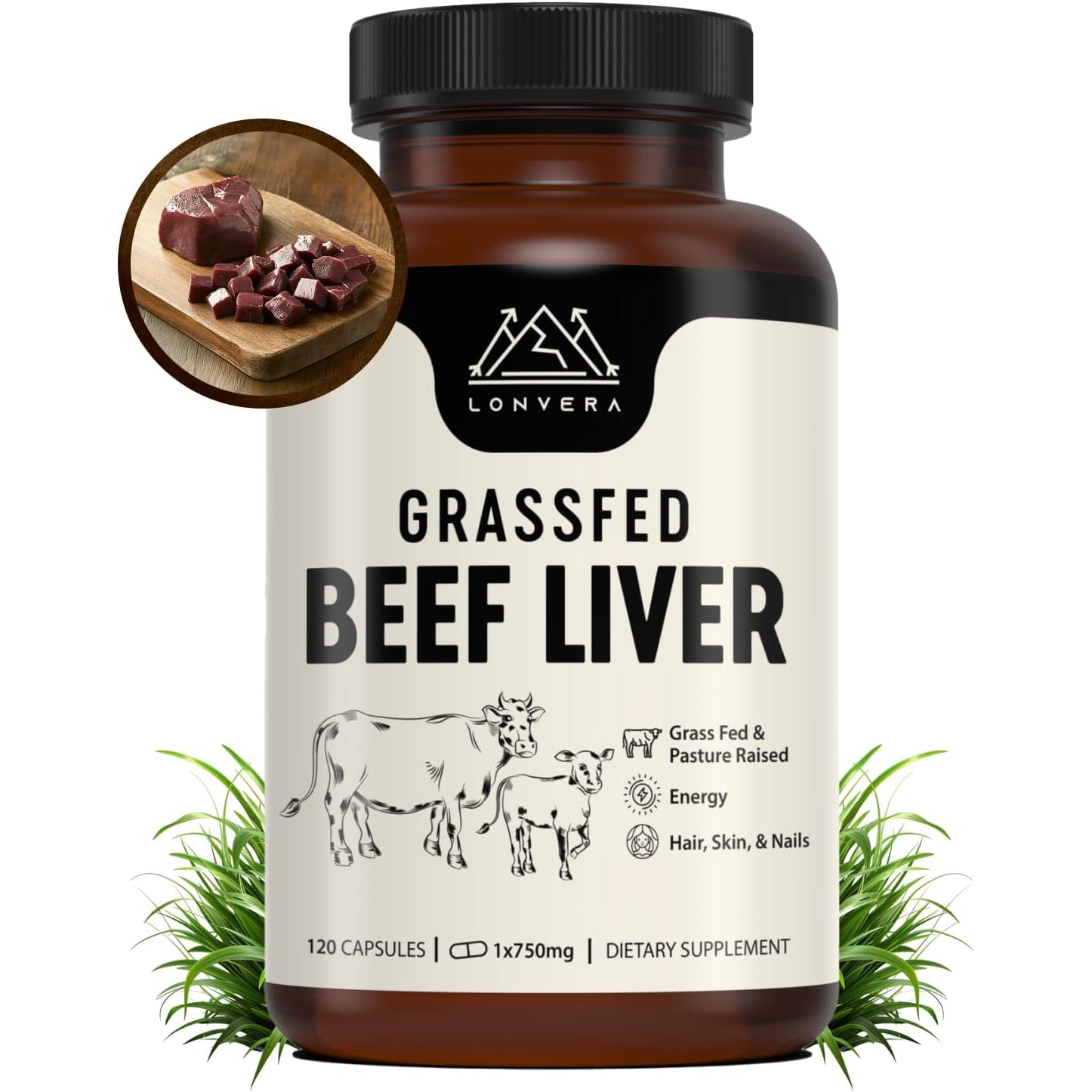 Lonvera Grass Fed Beef Liver Capsules for Women and Men – 3000Mg Freeze Dried Desiccated Organs – Nutrient Source for Joints, Bones, Hair, Skin, Nails & Daily Energy – 120 Pasture-Raised Capsules
