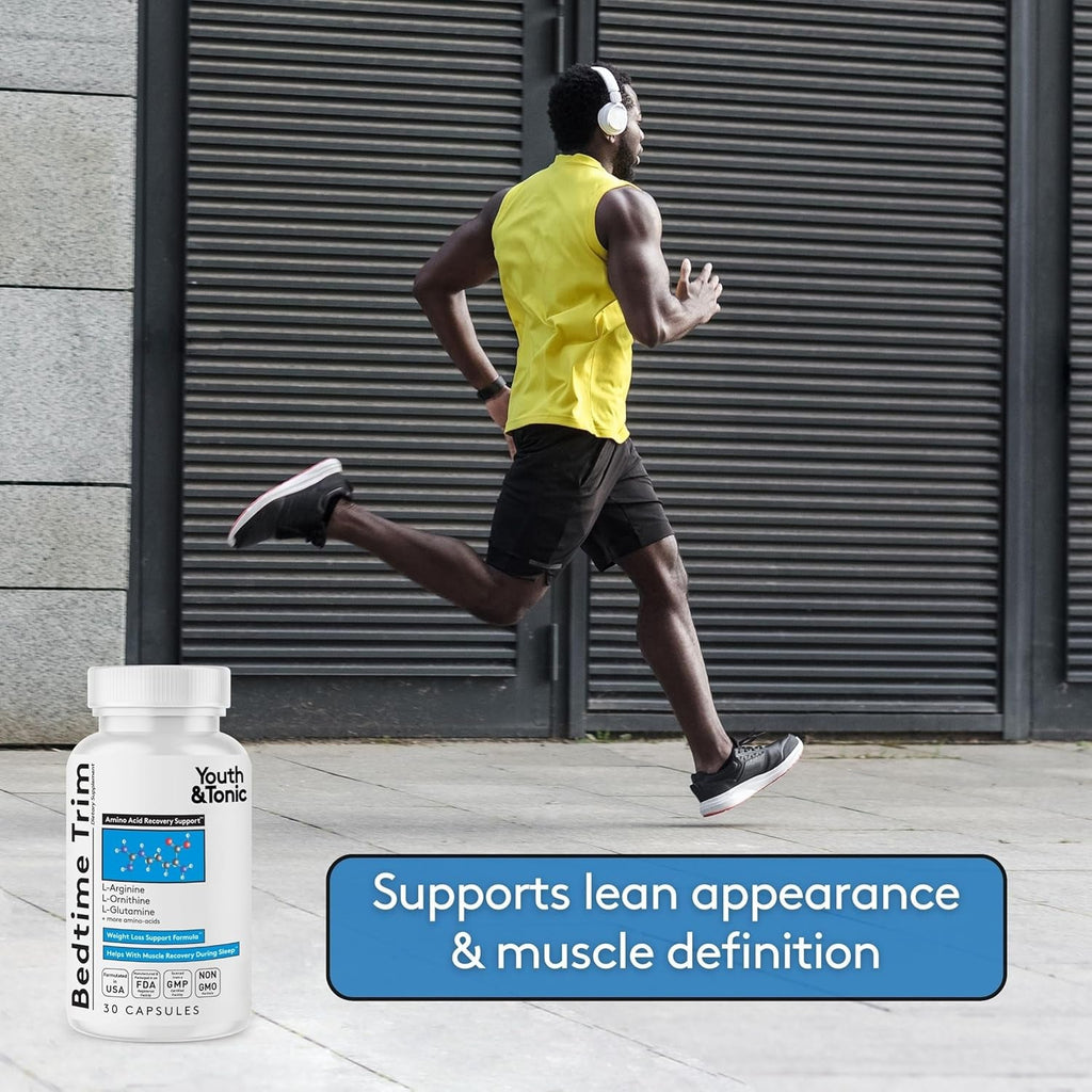 Youth & Tonic PM Bedtime Trim for Lean Appearance & Muscle Definition Support – Nighttime Amino Acids Supplement for Overnight Recovery, Men & Women, 30 Capsules