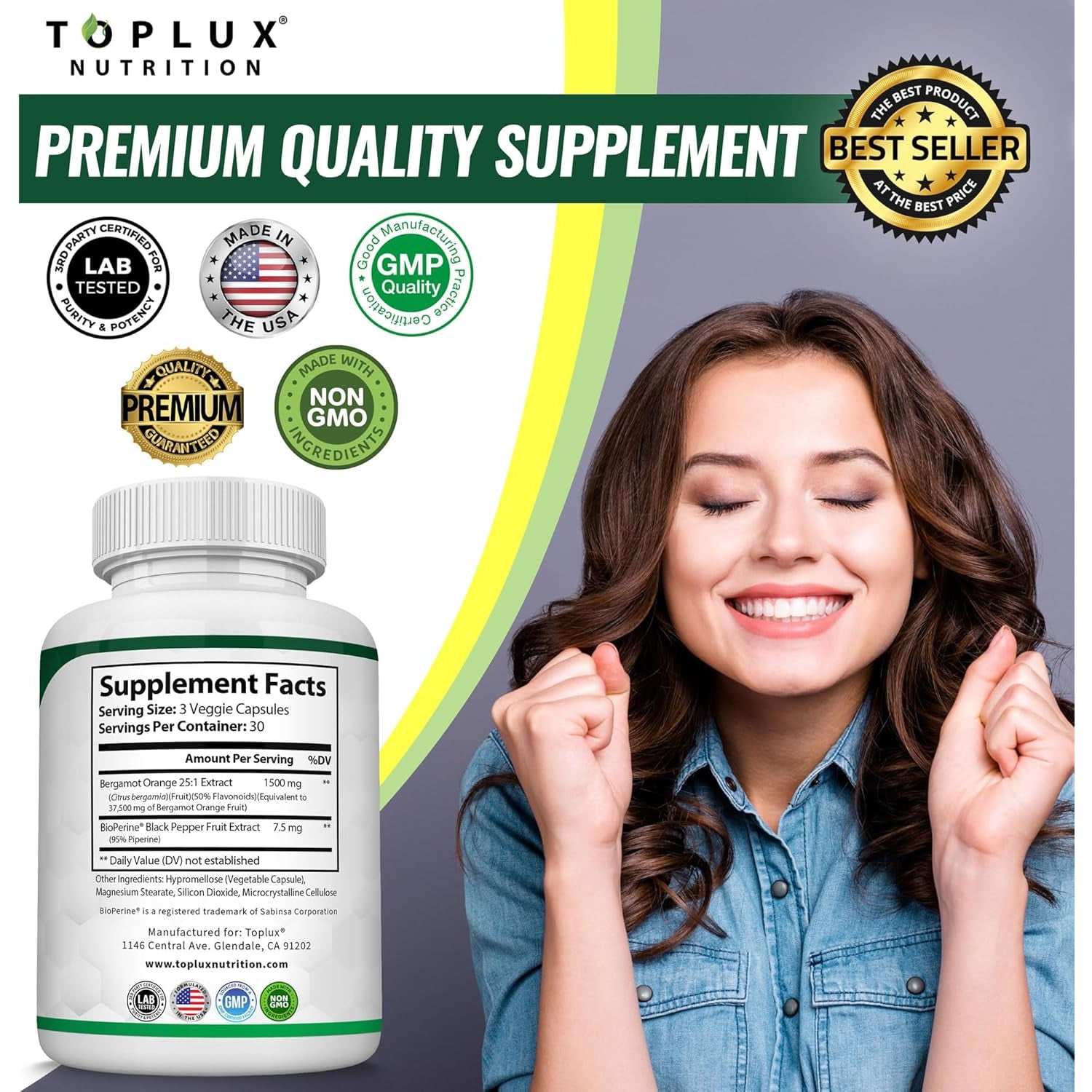 Citrus Bergamot Supplement 1500Mg - 25:1 Bergamot Extract to Support Overall Health, Immune System, Potent Antioxidant High Absorption Natural Vegan Non-Gmo for Men Women, 90 Capsules