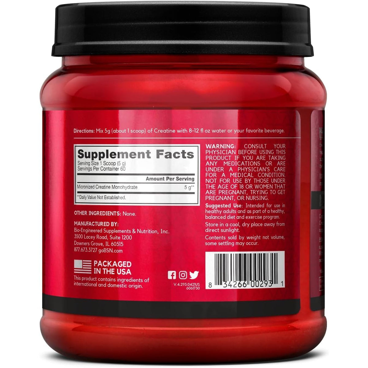 BSN Micronized Creatine Monohydrate Powder, Unflavored Creatine Powder, Micronized, Supports Muscle Building, Supports Muscle Strength, Gym Supplement, 5G per Serving, 5000Mg per Servings, 60 Servings