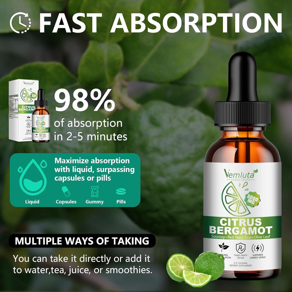 2 Packs 5000Mg Citrus Bergamot Liquid Drops-2X Absorption- Cholesterol Lowering Supplement W Soursop, Red Yeast Rice, Olive Leaf, Hight Cholesterol -Soursop Bitters Liquid-Heart & Immune Support