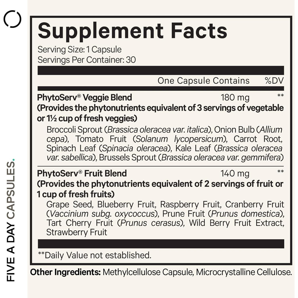 Codeage Instantfood Five a Day – Fruits & Vegetables Capsule Supplement – Whole Food Phytonutrients – 15 Fruits and Veggies Blend - Vegan, Non-Gmo – 30 Capsules