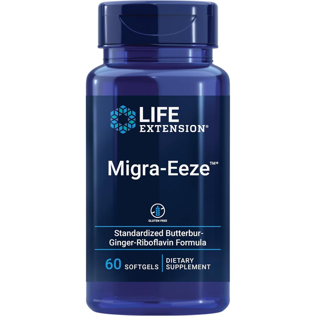 Life Extension Migra-Eeze - Butterbur Root Extract with Vitamin B2 (Riboflavin) & Ginger Supplement - Formula to Ease Head Discomfort - Gluten-Free — 60 Softgels