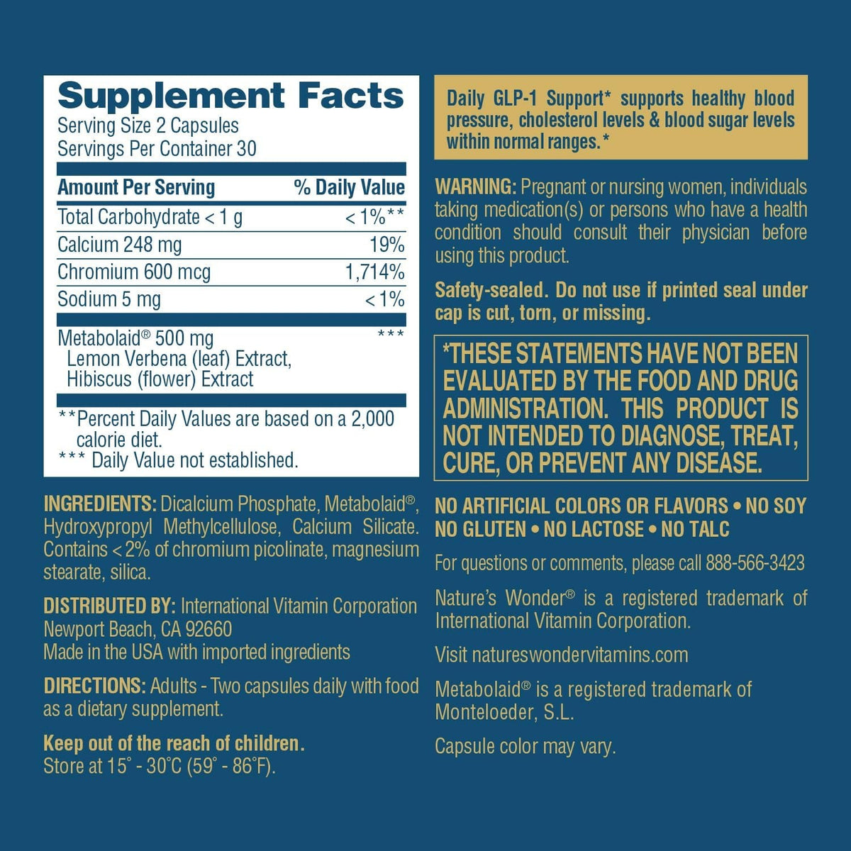 Nature'S Wonder Daily GLP-1 Support Supplement, Supports Healthy Weight Management & Appetite Control*, Includes Clinically Studied Metabolaid | 60 Capsules, 30 Day Supply