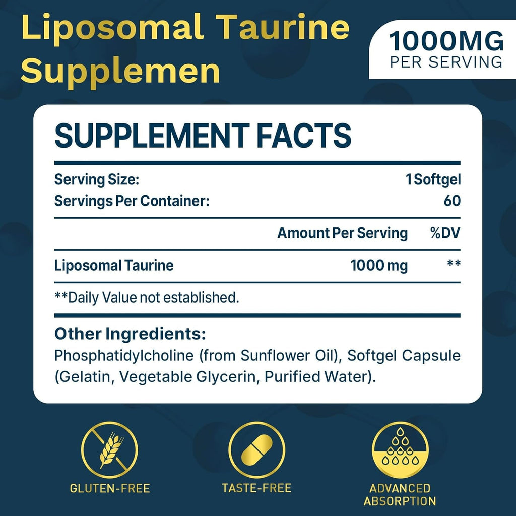 Lipmaxmall Liposomal Taurine Supplement 1000Mg, High Absorption Amino Acid for Heart, Nerve, Brain, Visual (60 Softgels - 1 Pack)