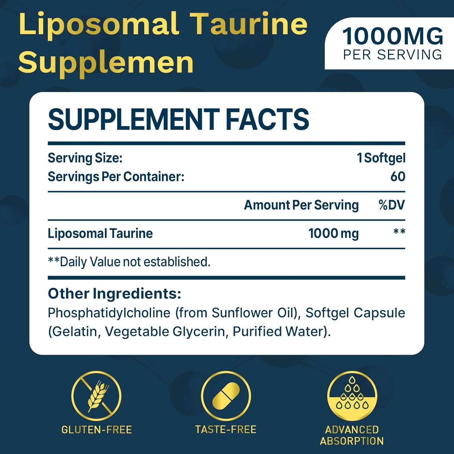 Lipmaxmall Liposomal Taurine Supplement 1000Mg, High Absorption Amino Acid for Heart, Nerve, Brain, Visual (60 Softgels - 1 Pack)