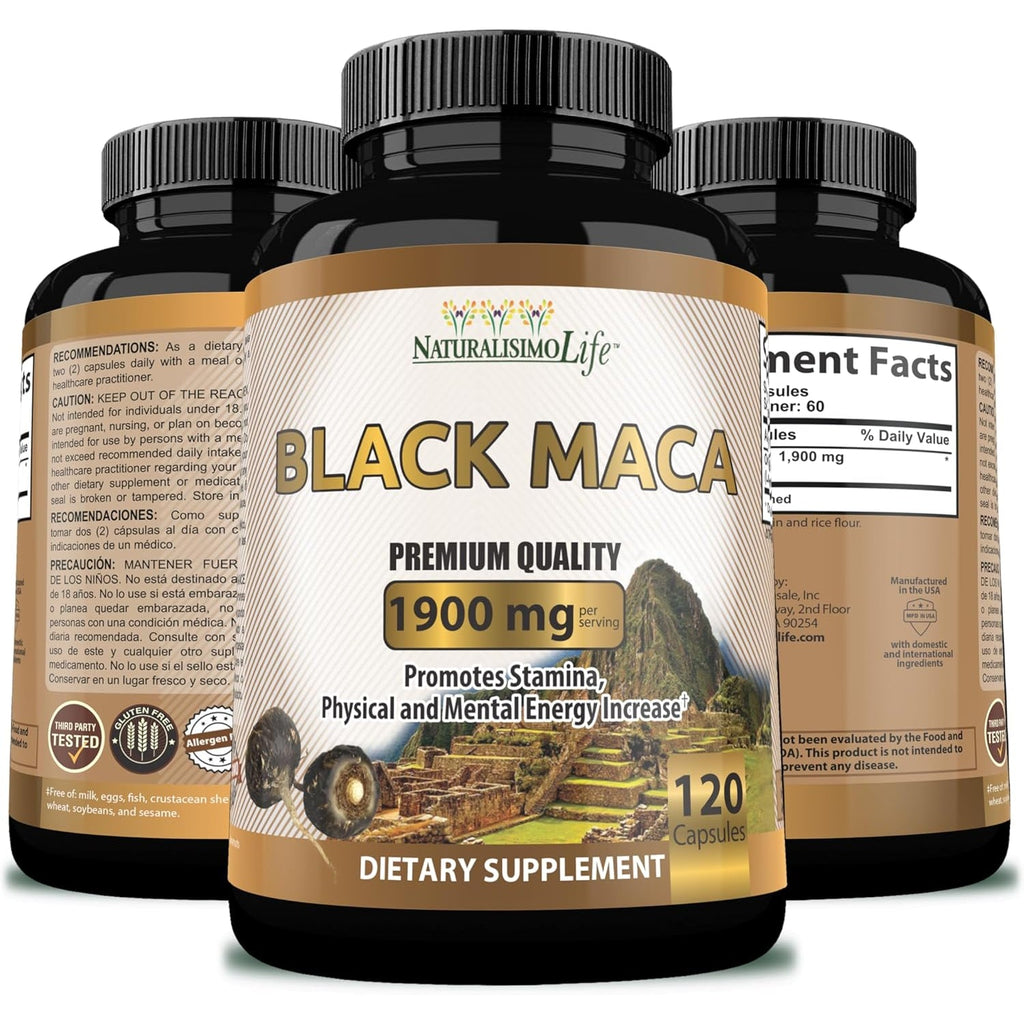 Organic Black Maca 1,900 Mg per Serving Natural Energy Booster Peruvian Maca for Men & Women 120 Capsules