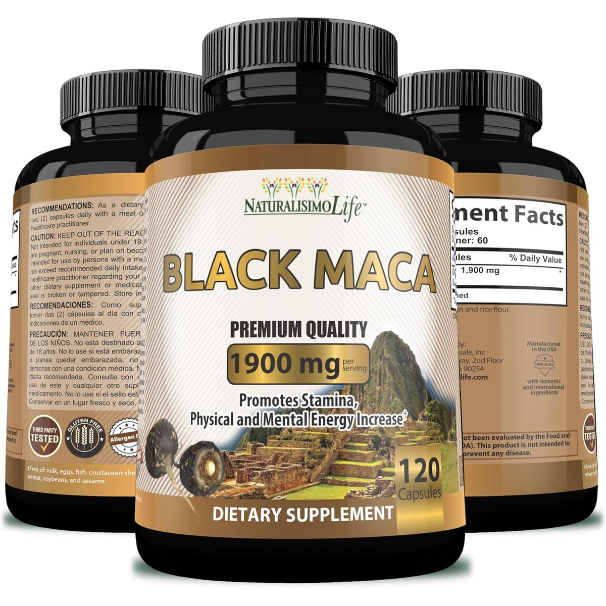 Organic Black Maca 1,900 Mg per Serving Natural Energy Booster Peruvian Maca for Men & Women 120 Capsules