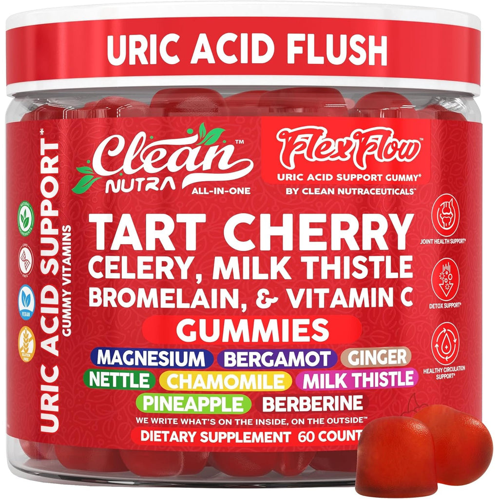 Clean Nutra Tart Cherry Gummies Uric Acid Flush Celery Milk Thistle Bromelain Vitamin C Magnesium Citrus Bergamot Ginger Stinging Nettle Leaf Chamomile Berberine Quercetin Support 60 Gummy Vitamins