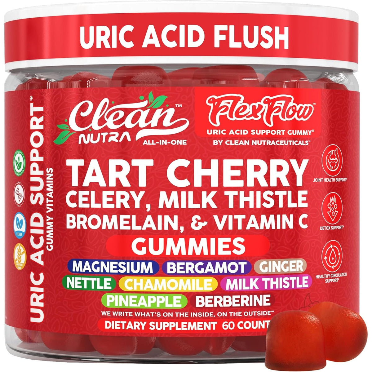 Clean Nutra Tart Cherry Gummies Uric Acid Flush Celery Milk Thistle Bromelain Vitamin C Magnesium Citrus Bergamot Ginger Stinging Nettle Leaf Chamomile Berberine Quercetin Support 60 Gummy Vitamins