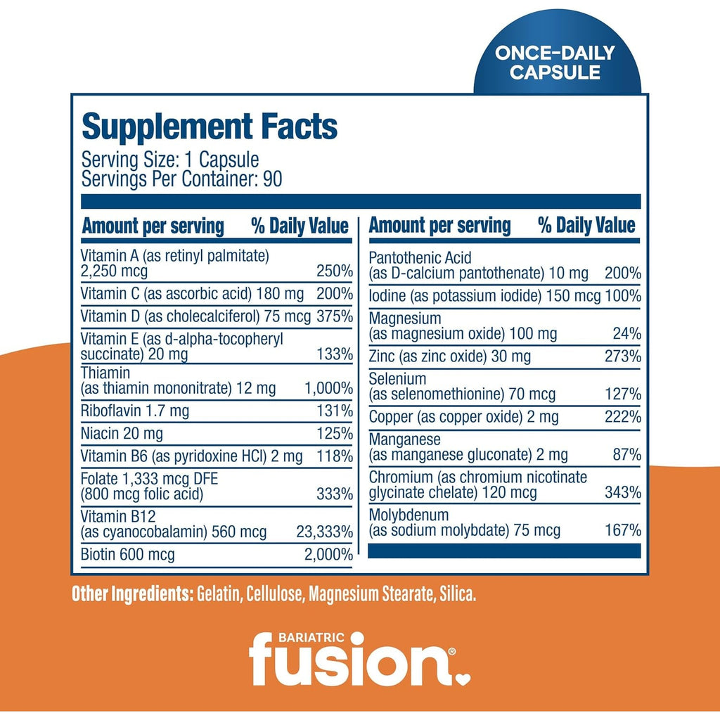 Bariatric Fusion Bariatric Multivitamin without Iron | 1 per Day | Post Surgery Patients | Iron Free Vitamin for Gastric Bypass and Sleeve Gastrectomy | Easy to Swallow Capsules | Three Month Supply