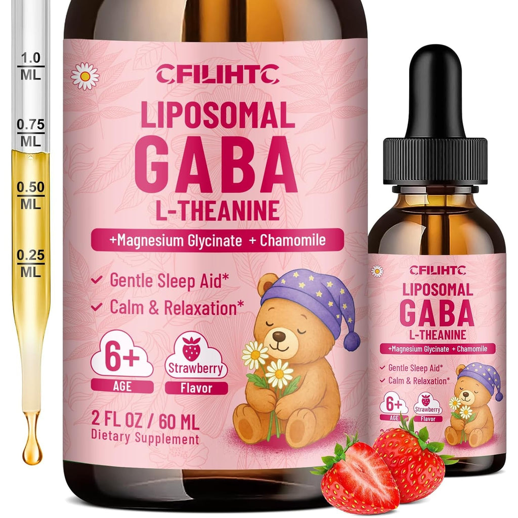 Liposomal GABA L-Theanine Drops for Kids - Liquid GABA Supplement with Magnesium, Chamomile, Lemon Balm & Vitamin B6 - Support Relaxation, Focus & Stress Relief for Kids & Adults - Strawberry Flavor