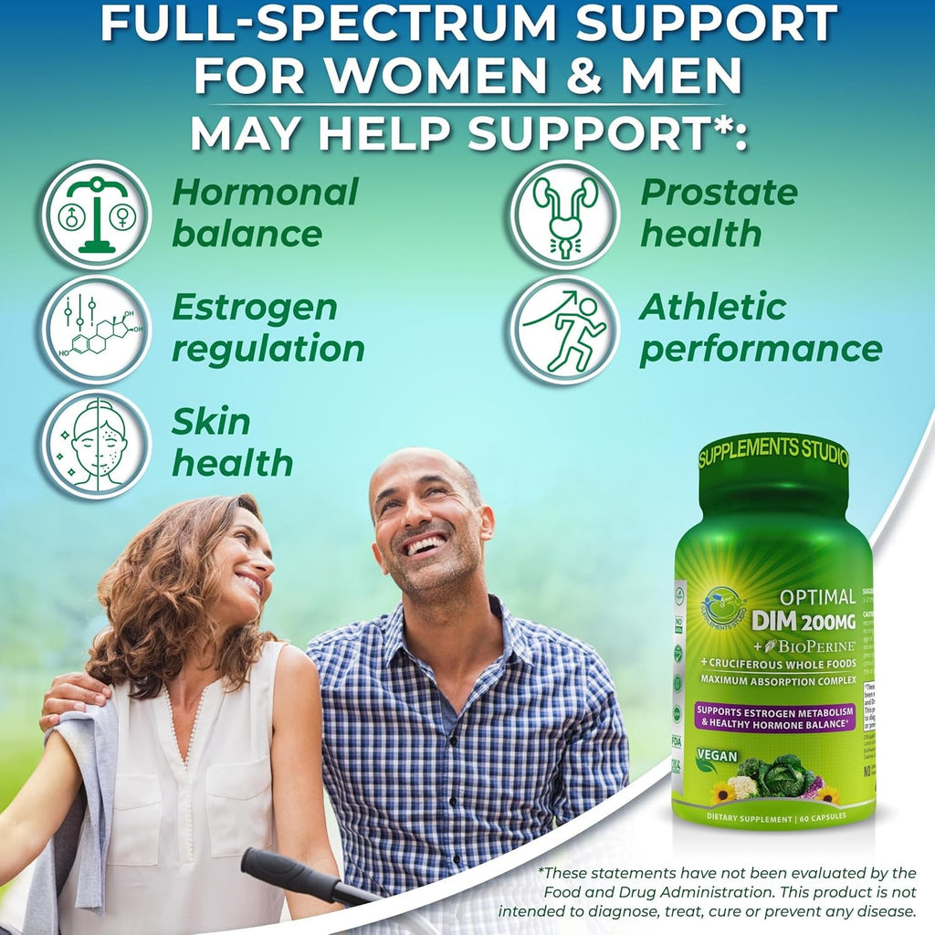 Optimal DIM 200Mg Supplement for Women and Men - Made with Organic Whole Foods - Estrogen & Hormone Balance Support Diindolylmethane Complex - Maximum Absorption Delayed-Release Capsules - 60 Count