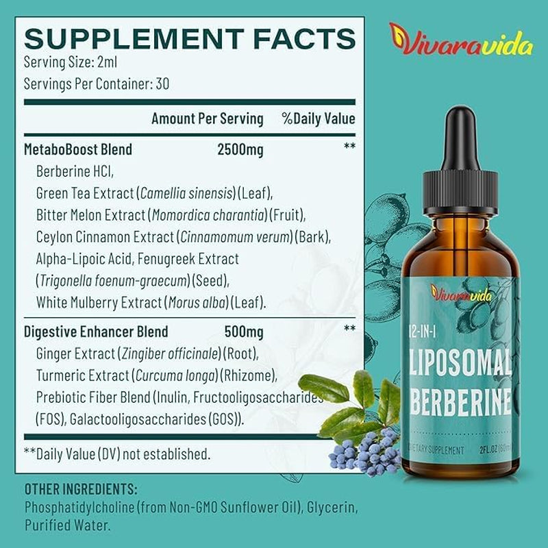 Berberine Hcl Supplement 3000 Mg - Liposomal Berberine Hcl Liquid - AMPK Activator with Turmeric, Ceylon Cinnamon, 12 Natural Ingredients - 2 Fl Oz