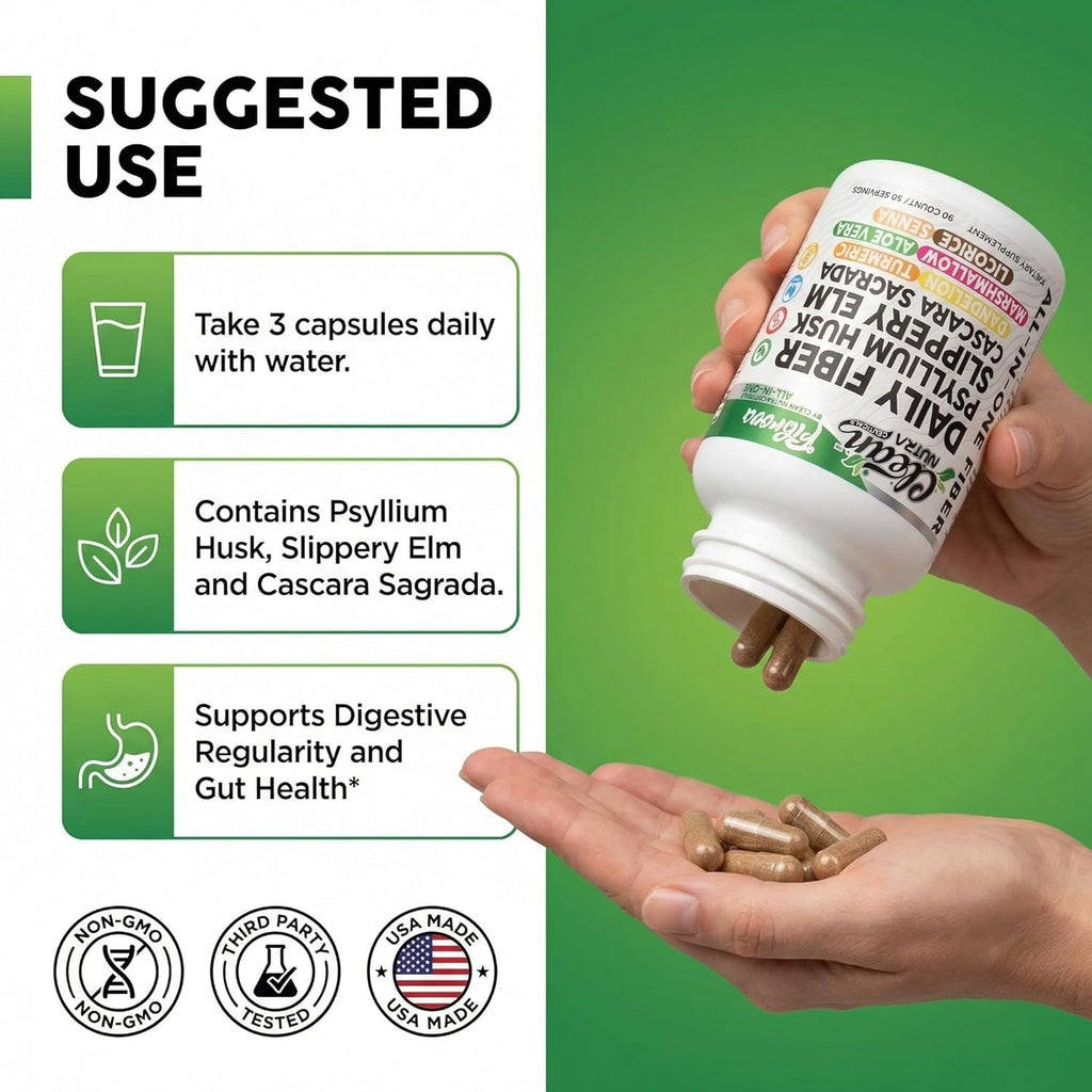 Fiber Supplement Capsules Slippery Elm Psyllium Husk Cascara Sagrada Dandelion Root Turmeric Supplement Aloe Vera Licorice Senna Marshmallow Root Digestive Health Cleanse 90 Pills by Clean Nutra
