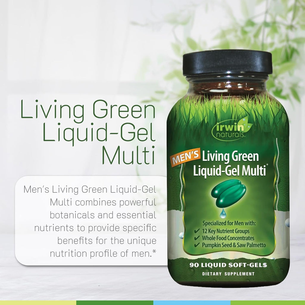 Irwin Naturals Men'S Living Green Liquid-Gel Multi - 70 Essential Nutrients, Full-Spectrum Vitamin Supplements for Men, Wholefood Blend - Promotes Brain & Adrenal Support - 90 Liquid Soft-Gels