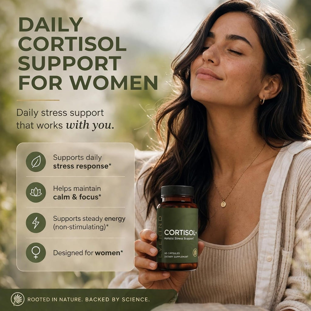 EVEKIND Cortisol Supplement for Women | Stress Support for Mood, Energy & Hormone Balance | Calm, Focus & Daily Reset | Adaptogen Blend with KSM-66® Ashwagandha, Rhodiola, L-Theanine | 60 Capsules