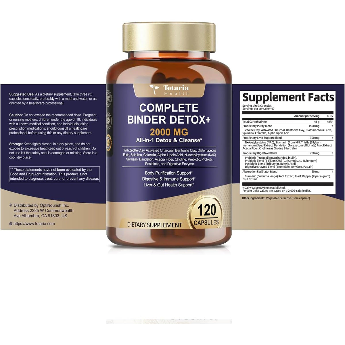 Totaria 2000MG All-In-1 Detox Binder, Activated Charcoal, Zeolite, Bentonite Clay, Alpha Lipoic Acid, 7-Layer Detox & Cleanse Supplement, Liver & Gut Support, 120 Counts