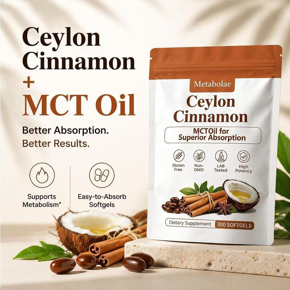 Ceylon Cinnamon Capsules with MCT Oil, Equivalent, Non-Gmo, Gluten Free, 300 Softgels (1)