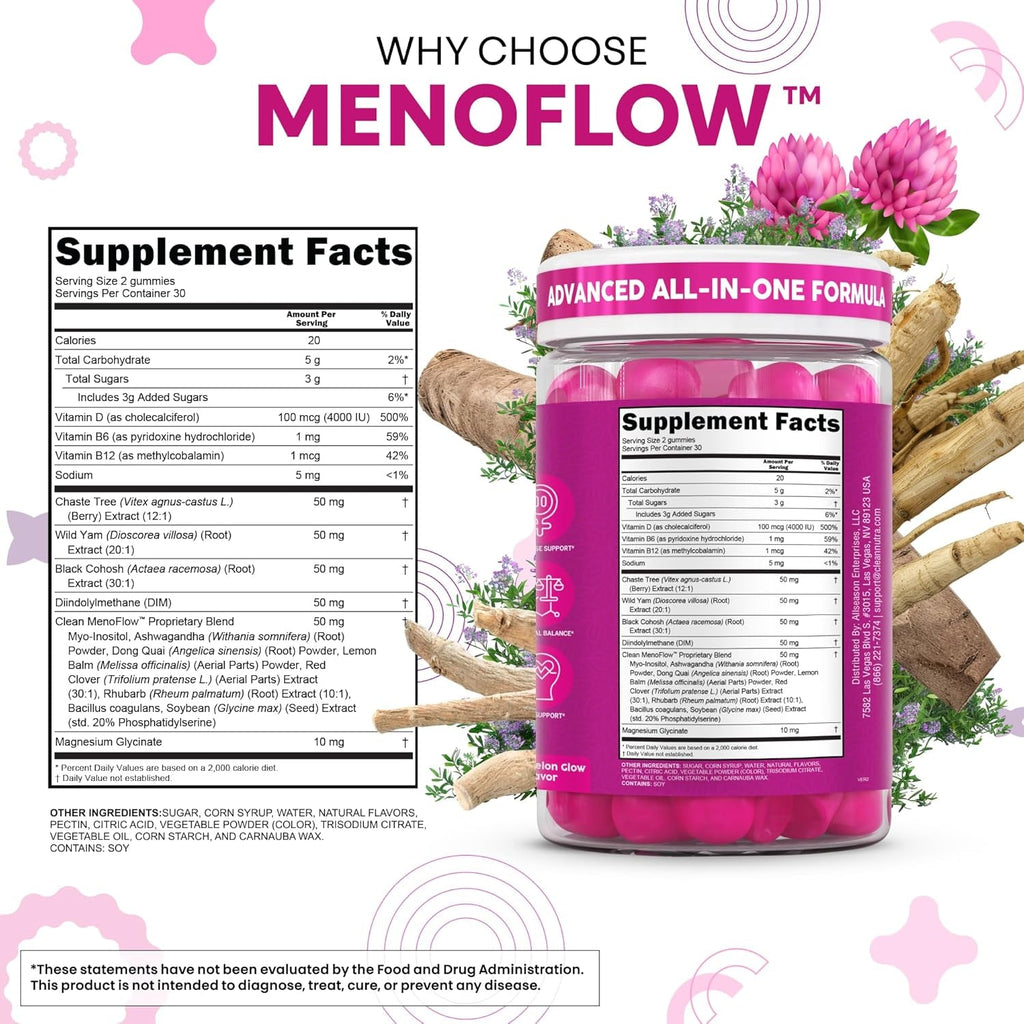 Clean Nutra Menopause Supplements for Women Chastberry Wild Yam Gummies Inositol Black Cohosh Magnesium Red Clover DIM Supplement B6 Magnesium Glycinate Glycine Vitex Hormone Balance Gummy Vitamins
