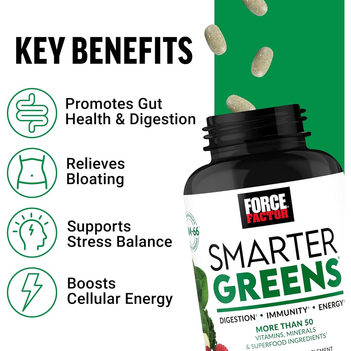 Force Factor Smarter Greens Tablets, Greens Supplement with 25+ Superfoods and Antioxidants to Improve Digestion, Reduce Stress, Strengthen Immunity, and Support Metabolism, 90 Tablets