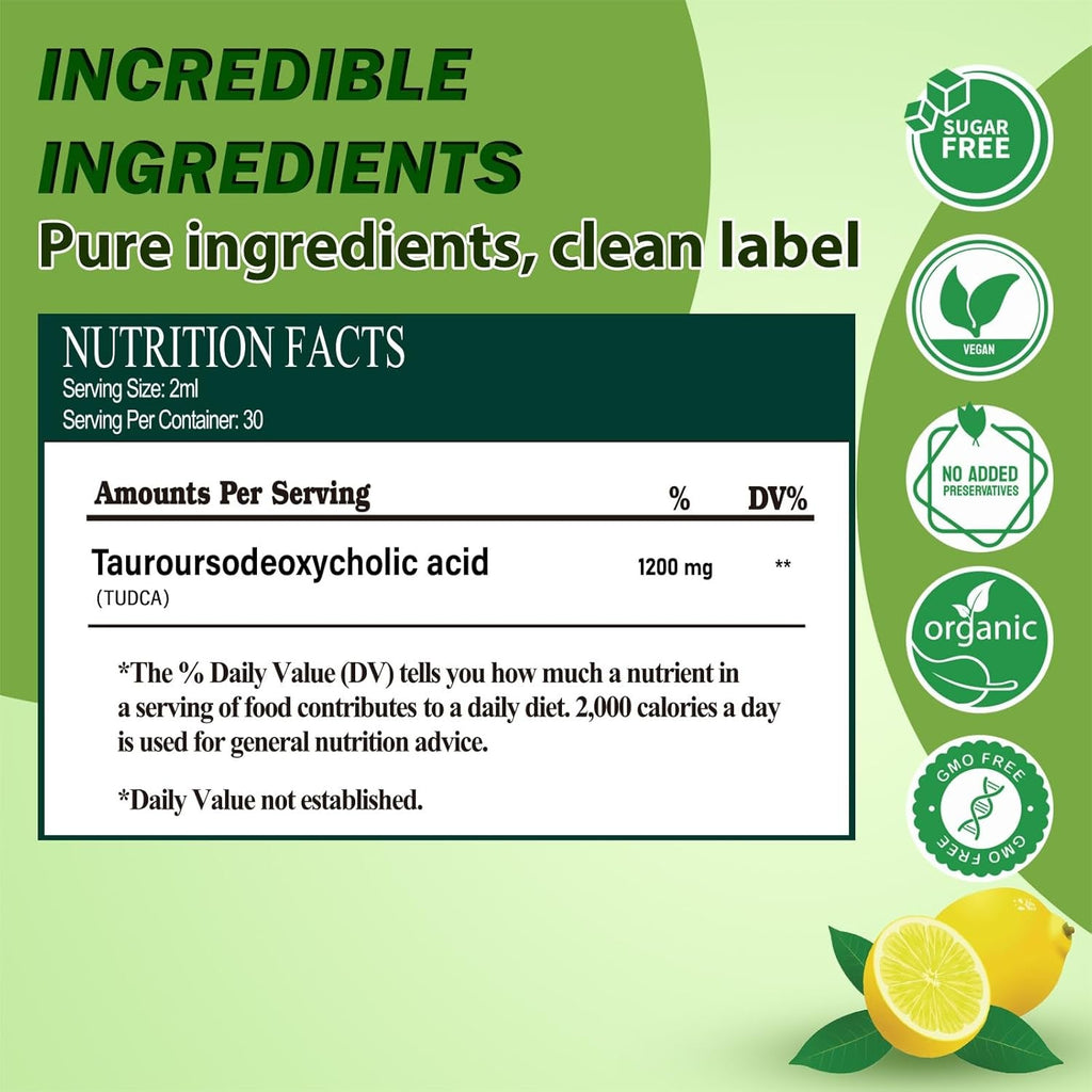Pure TUDCA Bile Salts Liquid Drops 1200Mg (Tauroursodeoxycholic Acid) Premium Liver Support, Bile Flow & Gallbladder Cleanse Supplement丨High Absorption Liquid | Non-Gmo | 3Rd Party Tested | 2 Fl Oz