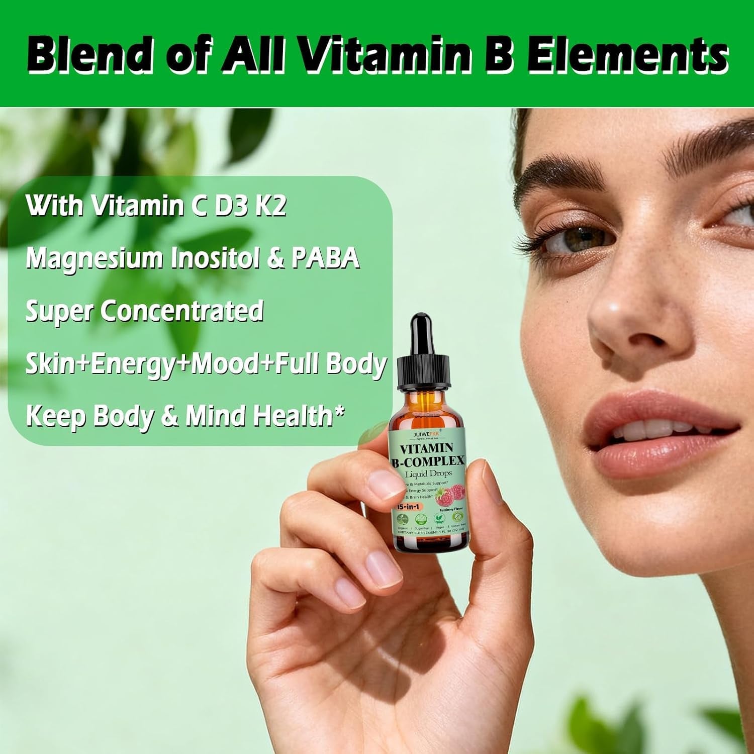 Vitamin B Complex Liquid Drops for Women Men & Kids, 15-In-1 VIT B Complex with Vitamin C B12 B6 B1 Niacin Folate Magnesium for Brain Nerve Neuropathy Energy Mood Health, Sublingual B-Complex Drops