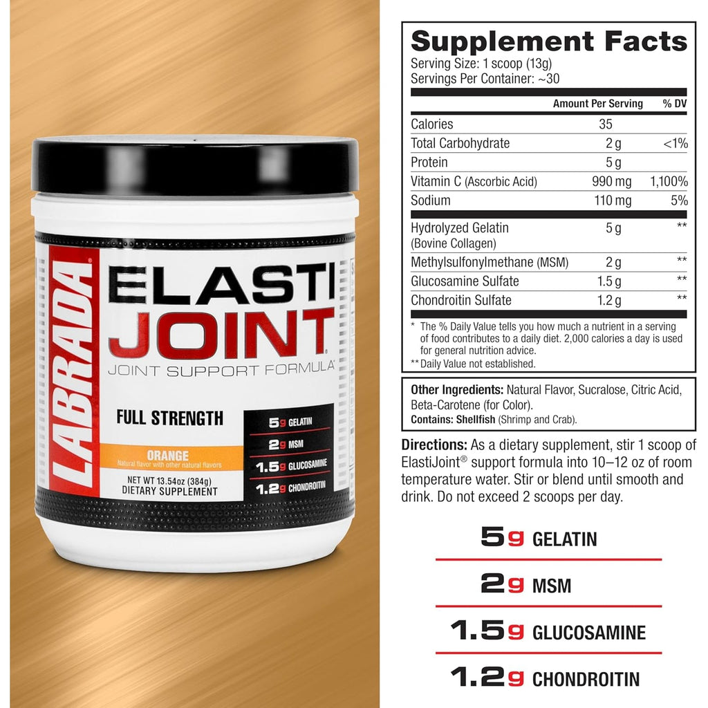 Labrada Nutrition Elastijoint, Orange Flavor,Glucosamine Joint Support Supplement Powder for Men & Women, Joint Relief & Bone Health Supplement with MSM, Glucosamine Chondroitin MSM Gluten-Free