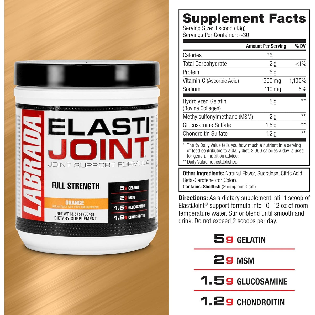 Labrada Nutrition Elastijoint, Orange Flavor,Glucosamine Joint Support Supplement Powder for Men & Women, Joint Relief & Bone Health Supplement with MSM, Glucosamine Chondroitin MSM Gluten-Free