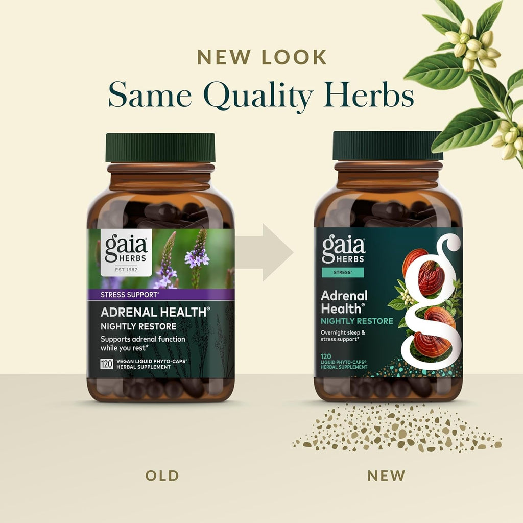 Gaia Herbs Adrenal Health Nightly Restore - Herbal Supplement with Ashwagandha, Magnolia Bark, Cordyceps, Lemon Balm & More* - 120 Vegan Liquid Phyto-Caps (60 Servings)