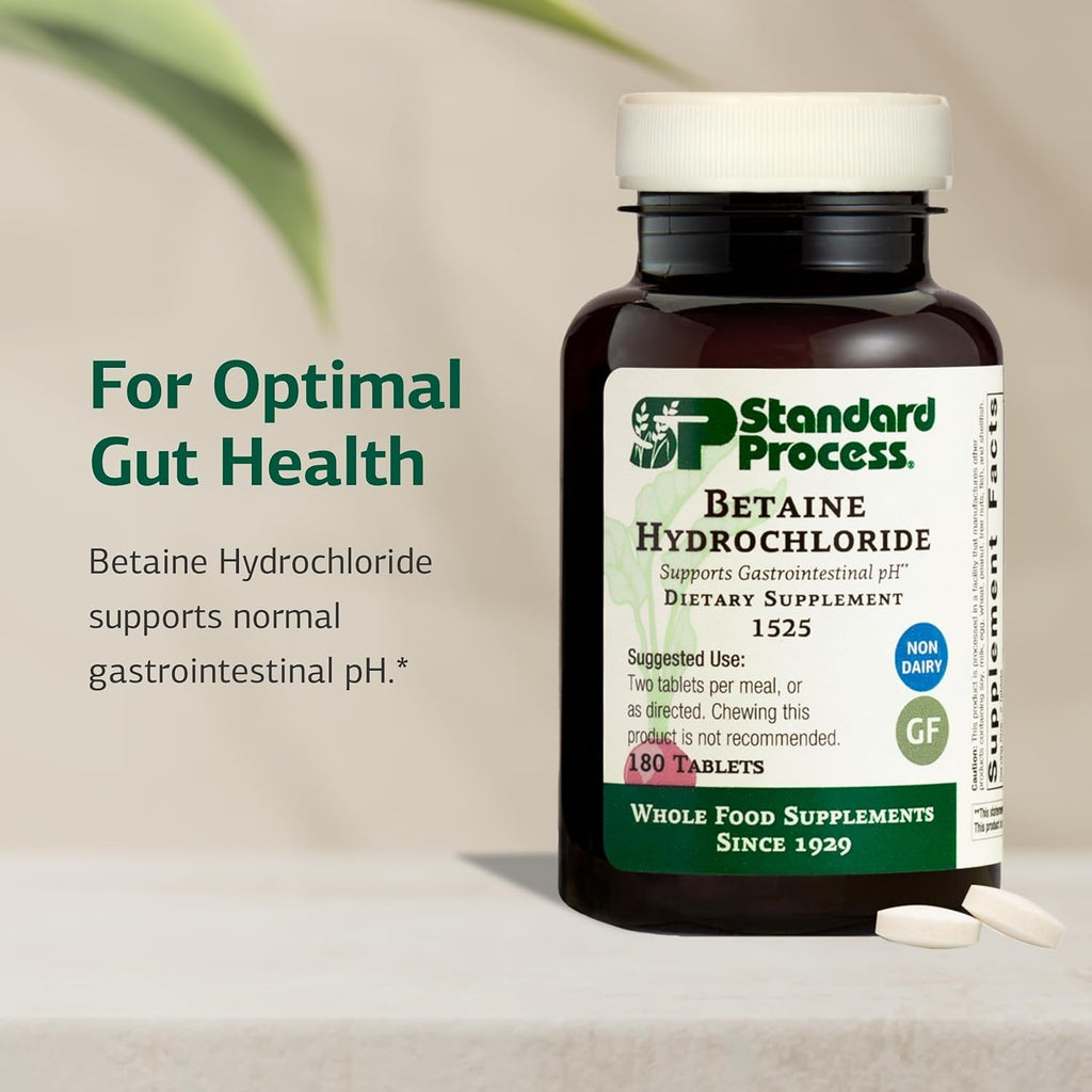 Standard Process Betaine Hydrochloride - Supplement for Gastrointestinal Ph Support - Supports Digestive Health & Iron Absorption - Gluten-Free, Non-Dairy & Non-Soy - 180 Tablets (90 Servings)