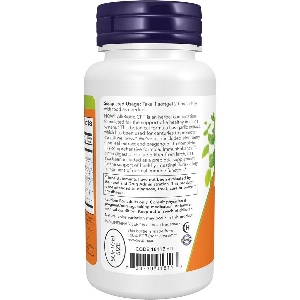 NOW Supplements, Allibiotic CF™, with Garlic Extract, Olive Leaf Extract, Elderberry & Oregano, Non-Drowsy Formula, 60 Softgels