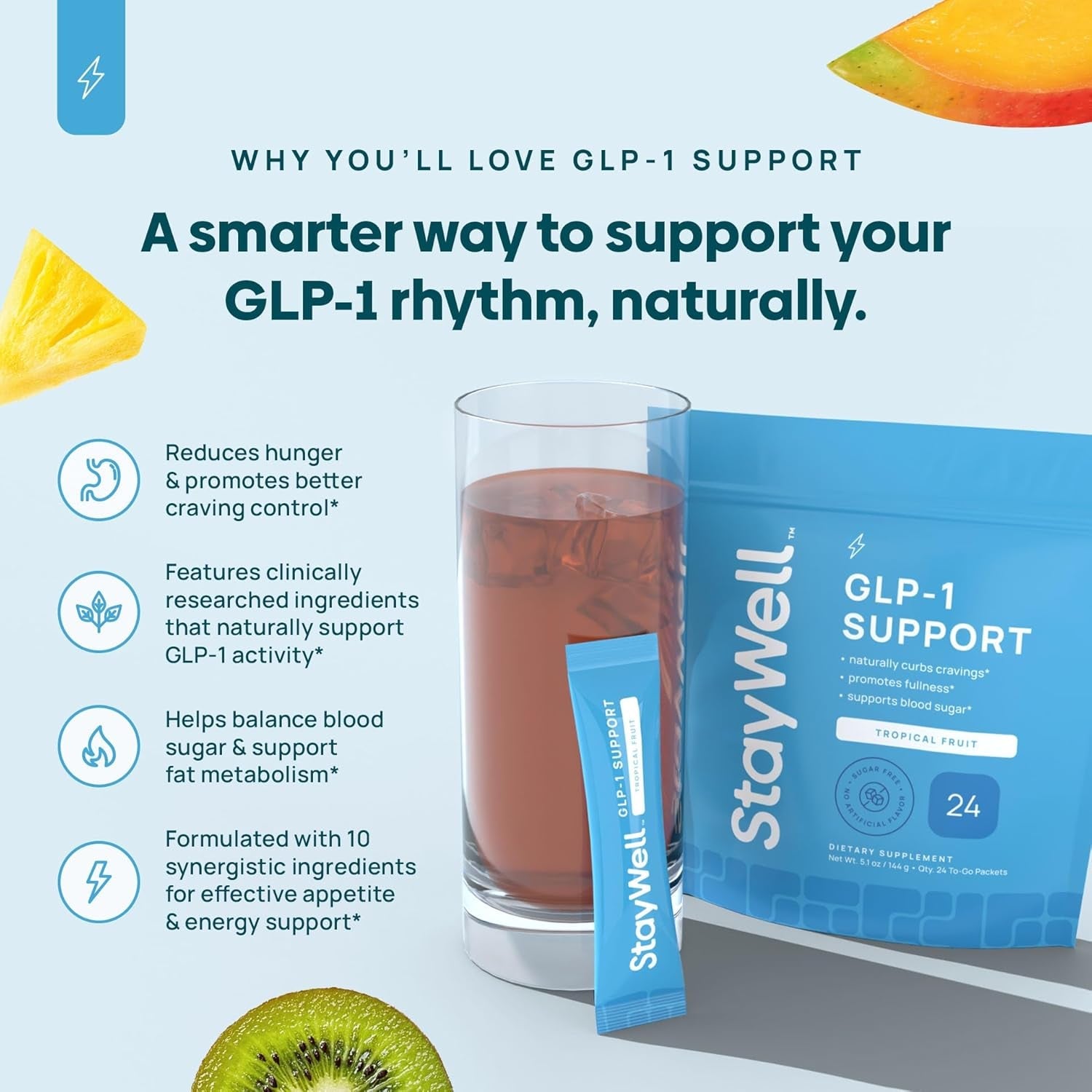 GLP-1 Supplement | Natural GLP-1 Production | GLP 1 Booster Drink Mix to Control Appetite and Cravings | Great Tasting Metabolic Support - Yerba Mate, Garcinia Cambogia, Berberine [Tropical Fruit]
