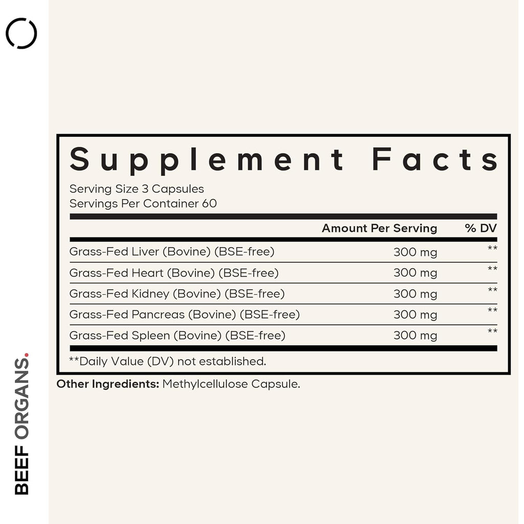Codeage Grass Fed Beef Organs Supplement – Glandulars Supplements - Freeze Dried, Non-Defatted, Desiccated Liver, Heart, Kidney, Pancreas & Spleen Bovine Pills – Beef Vitamins - Non-Gmo -180 Capsules