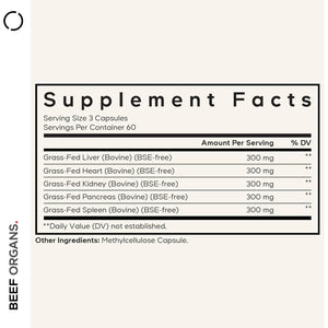 Codeage Grass Fed Beef Organs Supplement – Glandulars Supplements - Freeze Dried, Non-Defatted, Desiccated Liver, Heart, Kidney, Pancreas & Spleen Bovine Pills – Beef Vitamins - Non-Gmo -180 Capsules