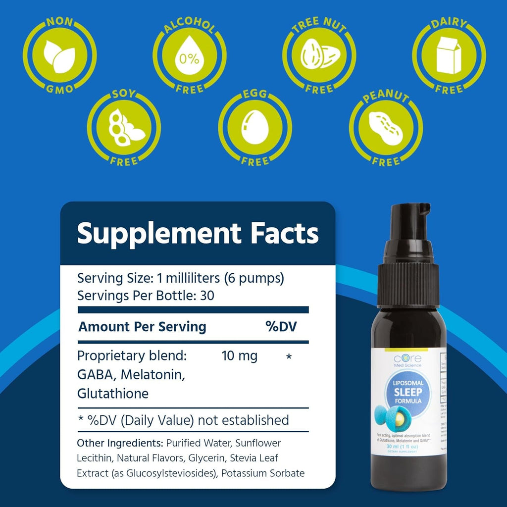 Core Med Science Liposomal Oral Sleep Spray Formula, 1 Fl Oz - Melatonin Spray Supports Restful & Quality Sleep & Relaxation - Glutathione, Melatonin, & GABA for Adults