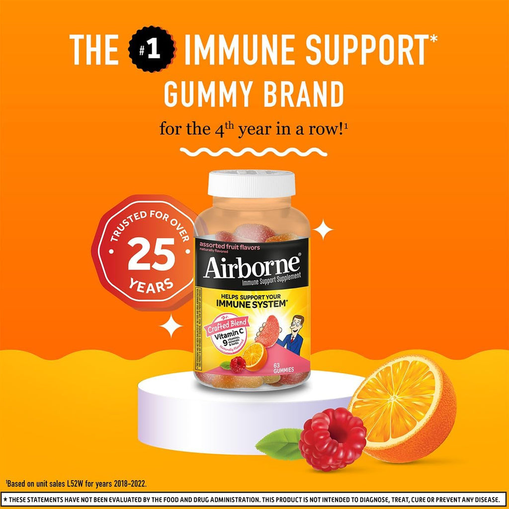 Airborne Immune Support Gummies, Assorted Fruit Flavor, 63 Ct - 750 Mg Vitamin C + Vitamins A, D & E + Zinc, Selenium, and Manganese | with Herbal Blend | Naturally Flavored