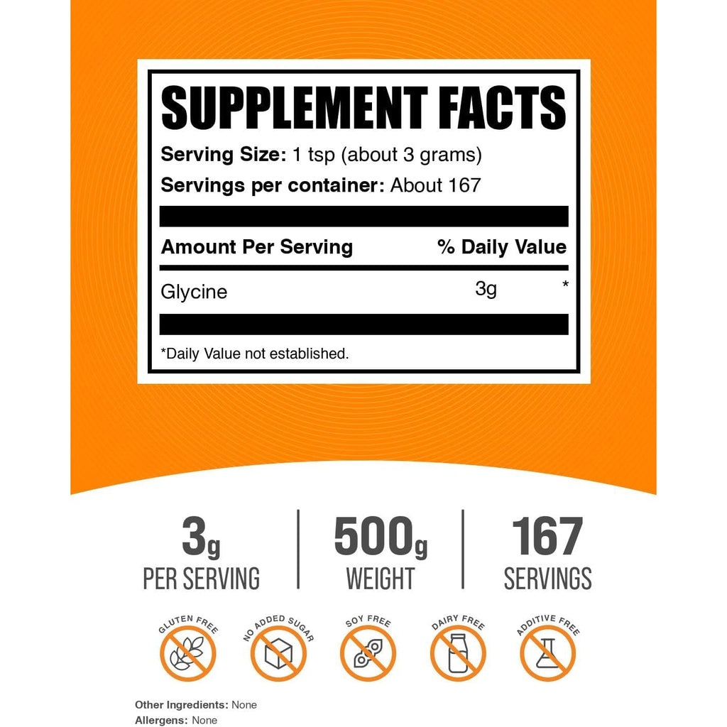 Bulksupplements.Com Glycine Powder - Glycine Supplements, Amino Acid Supplement - Unflavored & Gluten Free, 3G per Serving, 500G (1.1 Lbs) (Pack of 1)