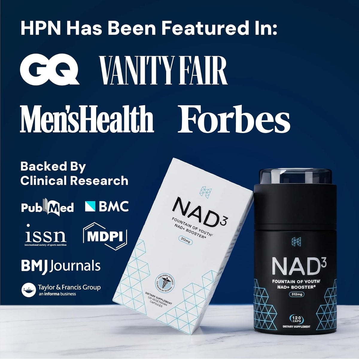 HPN NAD3 Clinical NAD+ Booster, Cellular Health & Natural Energy - NAD Supplement for Healthy Aging, Metabolic Support, NRF2 & Longevity, Nicotinamide Riboside & NMN Alternative, 120Ct, 60-Day Supply